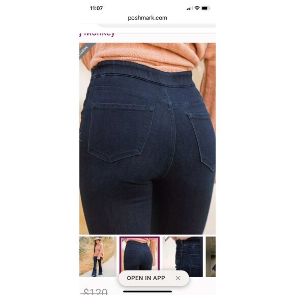 Flying Monkey High Rise Flare Jeans 26x34 Dark Blue Stretch Denim Raw Frayed Hem - Picture 8 of 8